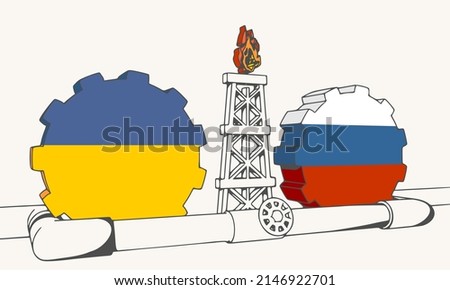 Natural gas and oil transit from Russia to Ukraine concept. Gas rig, gears and pipe. National flags