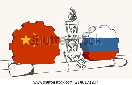 Natural gas and oil transit from Russia to China concept. Gas rig, gears and pipe. National flags