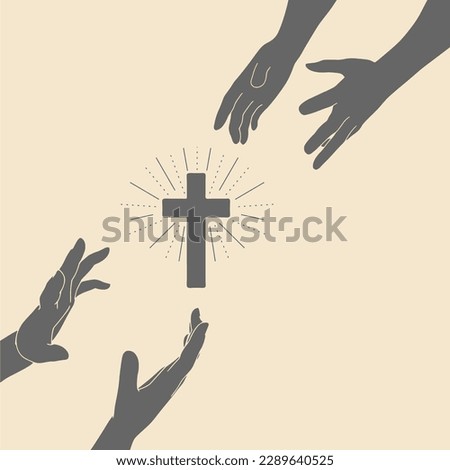 Human hands reaching out to one another, almost touching. Help, religion and love concept. Cross icon between hands