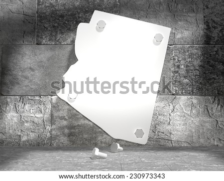 concrete blocks empty room with clear outline arizona state map attached to wall by bolts