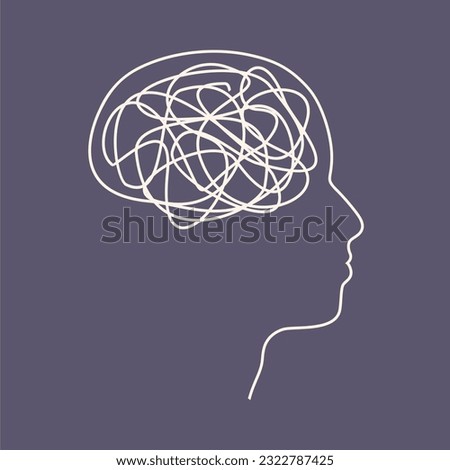Psychotherapy, stress and psychosis. A man head in profile with a tangled ball of nerves, scribbles symbolizing a depressed state of a person. Psychological help. Personality disorder and depression