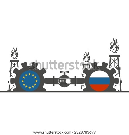 Image relative to gas transit from Russia to European Union. Gears connected by gas pipe. National flags on cog wheels. Switch off toggle.