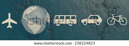 earth globe and passenger transport vehicle icons on blue stone backdrop