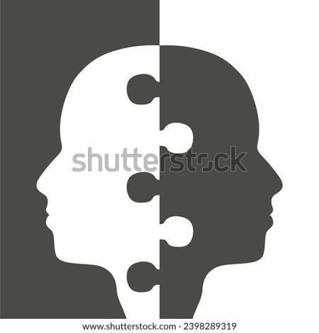 Social media network. Jig saw shaped head silhouettes. Overlay heads. Digital, interactive and global communication concept. Connected people