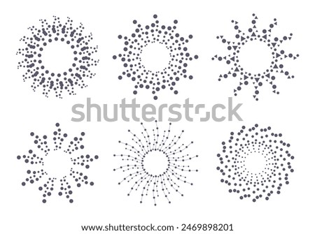 Radial halftone dots in circle form. Fireworks explosion. Circular design elements collection. Abstract geometric star rays. Design element for medical, treatment, cosmetic emblem. Scientific set