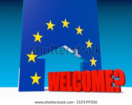 Image relative to migration from africa to european union. welcome under question and home icon textured by european union flag.