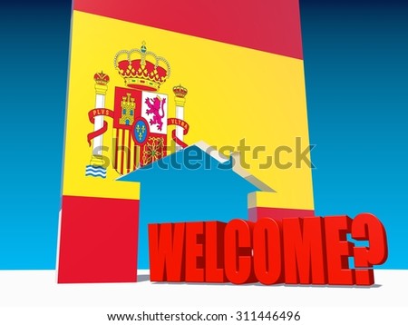 Image relative to migration from africa to european union. welcome under question and home icon textured by spain flag.