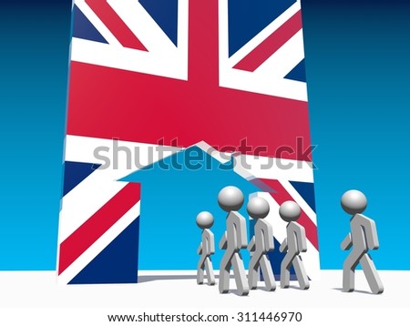 Image relative to migration from africa to european union. Humans go to home icon textured by united kingdom flag.