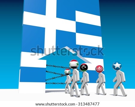 Image relative to migration from africa to european union. Humans icon by national flag textured go to home icon textured by greece flag.