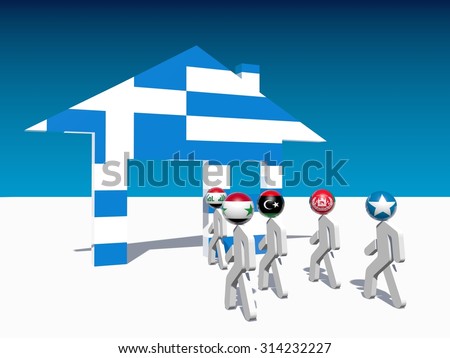 African and asian refugees go to home icon textured by greece national flag.Image relative to migration from africa to european union.