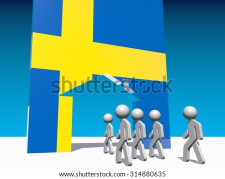 Image relative to migration from africa to european union. Humans go to home icon textured by sweden flag.