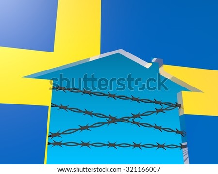 Image relative to migration from africa to european union. barbed wire closed home icon textured by sweden flag.