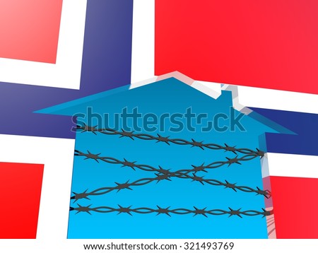 Image relative to migration from africa to european union. barbed wire closed home icon textured by norway flag.