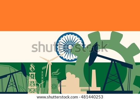 Energy and Power icons set with India flag. Sustainable energy generation and heavy industry. Vector illustration