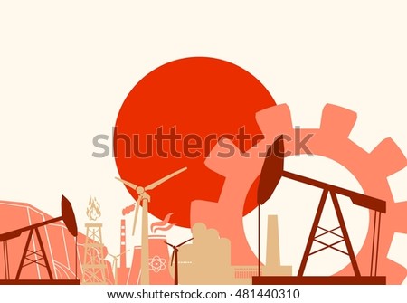 Energy and Power icons set with Japan flag. Sustainable energy generation and heavy industry. Vector illustration