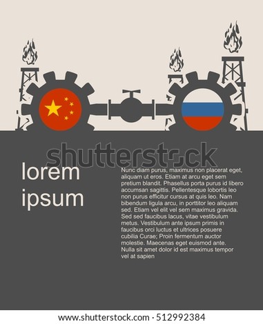 Image relative to gas transit from Russia to China. Gears connected by gas pipe. National flags on cog wheels. Modern vector brochure, report or leaflet design template.