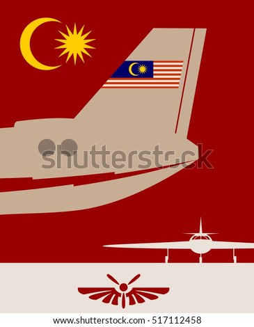 Vertical banner with the image of an airplane tail. Air company logo. Malaysia flag as backdrop