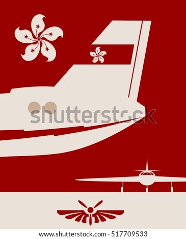 Vertical banner with the image of an airplane tail. Air company logo. Hong Kong flag as backdrop