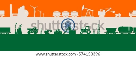 Energy and Power icons set on India flag backdrop. Header or footer banner. Sustainable energy generation and heavy industry. Vector illustration. Seamless background