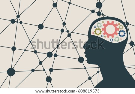 Silhouette of a man's head with gear. Mental health relative brochure, report or flyer design template. Scientific medical designs. Connected lines with dots. Vector illustration