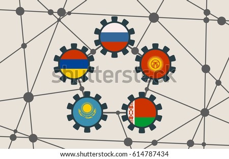 EAEU - Eurasian Economic Union association of five national economies members flags in gears. Global teamwork. Molecule And Communication Background. Brochure design. Connected lines with dots