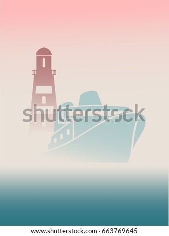 Large transoceanic cruise ship and lighthouse silhouettes. Travel company business card design