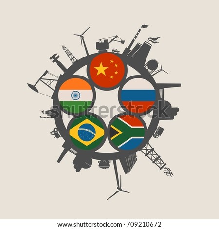 BRICS - association of five major emerging national economies members flags in gears icons. Trade union. Industry icons located around circle. Brochure or web banner design.