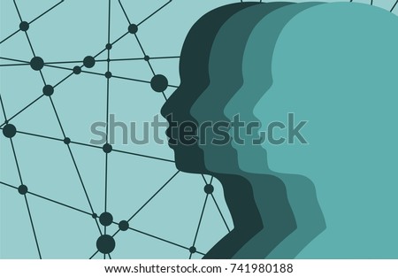 Silhouettes of the head of men. Mental health relative brochure or report design template. Scientific medical designs. Teamwork and communication concept. Connected lines with dots.