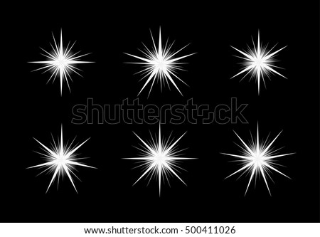 Collection of six white shinning stars on black backgound.