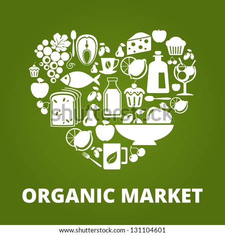 Heart shape with organic food icons: vegetables, fruits, fish, tea, coffee