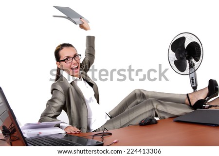 cute secretary at a table light background