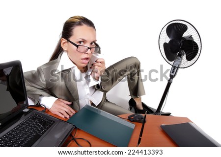 cute secretary at a table light background