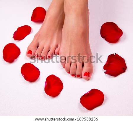 Spa background with a beautiful legs, flowers, petals