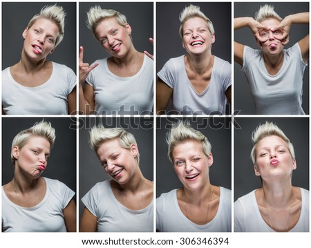 Portraits with different expressions of a young woman on dark gray background.