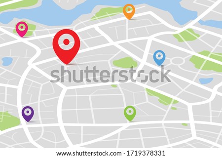 3D Isometric map with destination location point, Aerial clean top view of the day time city map with street and river, Blank urban imagination map, GPS map navigator concept, vector illustration