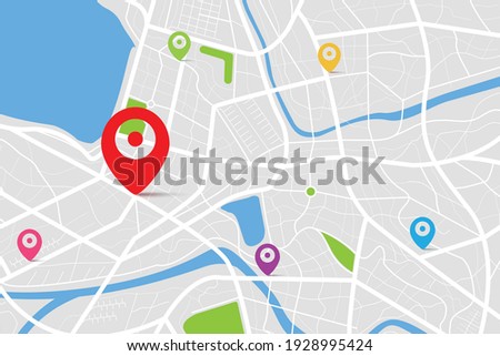 3D top view of a map with destination location point, Aerial clean top view of the day time city map with street and river, Blank urban imagination map, GPS map navigator concept, vector illustration