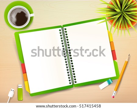 Top view of stationary pen pencil eraser green cover notebook and coffee cup with copy space on wooden background vector illustration  eps 10