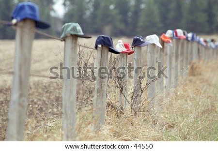 ball caps on fence posts