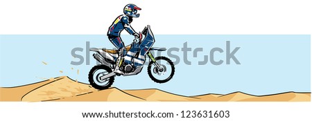 Man on a off-road motorcycle rides through a desert. Rider and motorcyle are on same layer and can easily be separated from the background and be used in a different composition.