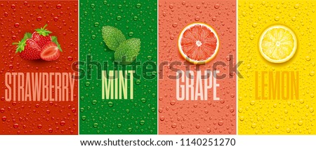 juice background with drops and grapefruit, lemon slice, mint leaf and strawberry
