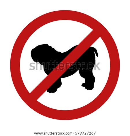 Sign of dog prohibition isolated on white background. Black silhouette. Breed bulldog. Vector illustration.  