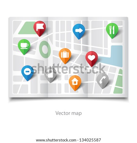 Vector illustration of paper map with tourist's pins