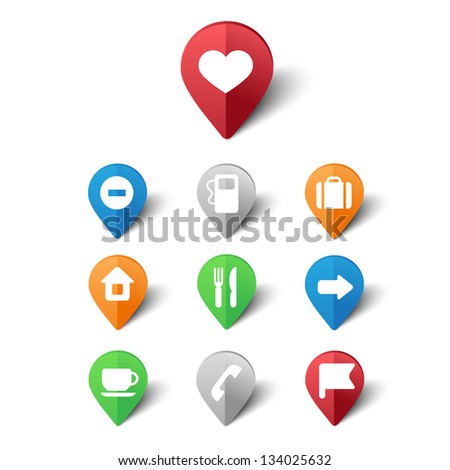 Vector set of map pins for tourist guide book