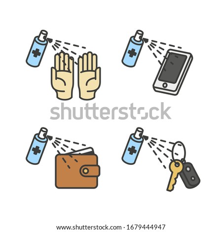 Coronavirus, 2019-nCoV, Covid-19. Vector abstract infographic: personal protection. Flat outline icons of sanitizer spray for disinfection hands, mobile phone, wallet, keys