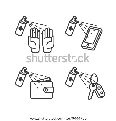 Coronavirus, 2019-nCoV, Covid-19. Vector abstract infographic: personal protection. Flat outline icons of sanitizer spray for disinfection hands, mobile phone, wallet, keys