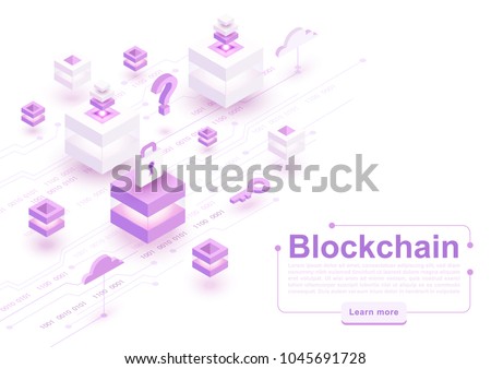 Vector isometric blockchain concept background with blocks, cubes and circuit board. Cryptocurrency, digital money, smart contracts, modern internet technology for electronic business