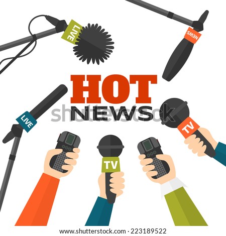 Journalism concept vector illustration in flat style. Set of hands holding microphones and voice recorders. Hot news template. Press illustration