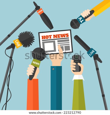 Journalism concept vector illustration in flat style. Set of hands holding newspaper, microphones and voice recorders. Hot news template. Press illustration