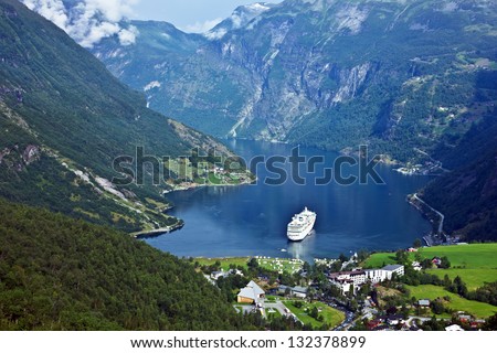 GEIRANGER, NORWAY: Cruise ship in Geiranger fjord, Norway.
