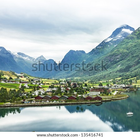 Landscape with mountains in Norwegian village Olden in Norwegian fjords